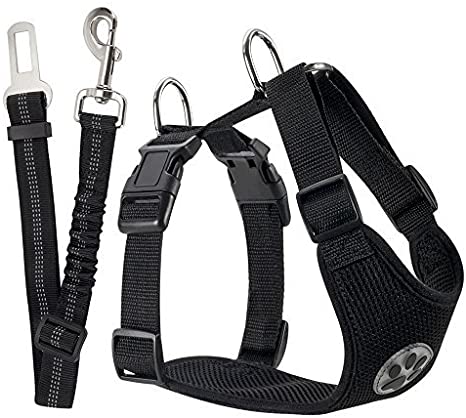 Slowton Dog Car Harness Seat Belt Vest Harness, Breathable Mesh Fabric with Car Vehicle Connector Belt (X-Small, Black)