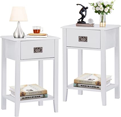 VECELO Nightstands Set of 2 End/Side Tables Living Room Bedroom Bedside, Vintage Accent Furniture Small Space, Solid Wood Legs, One Drawer, White