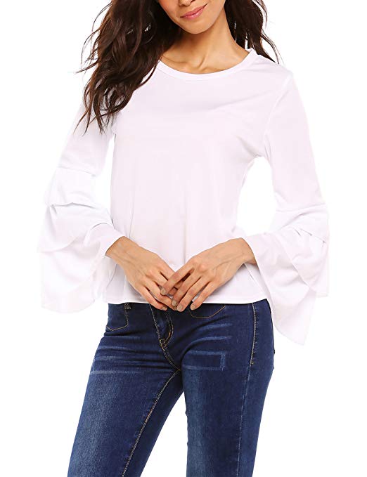 Beyove Women Blouse Round Neck Layered Ruffle Bell Long Sleeve Solid/Polka Dot Casual Shirt Elegant Tee Top