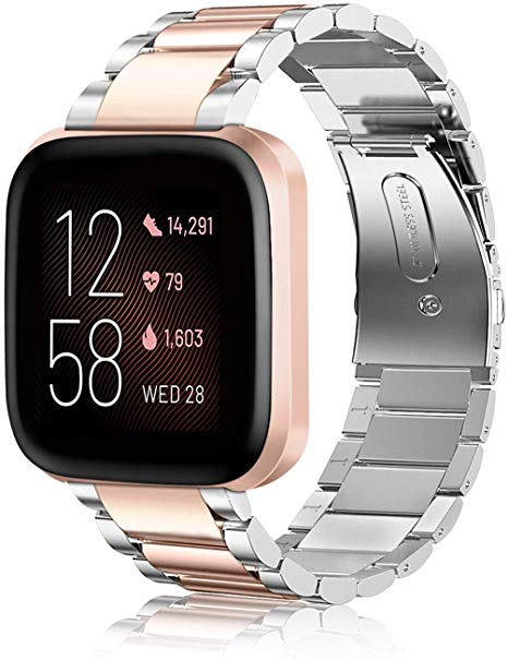 Fintie Metal Band for Fitbit Versa 2, Versa, Versa Lite Edition, Solid Stainless Steel Strap Replacement Wristband Business Bracelet for Fitbit Versa Smartwatch, Rose Gold, Silver