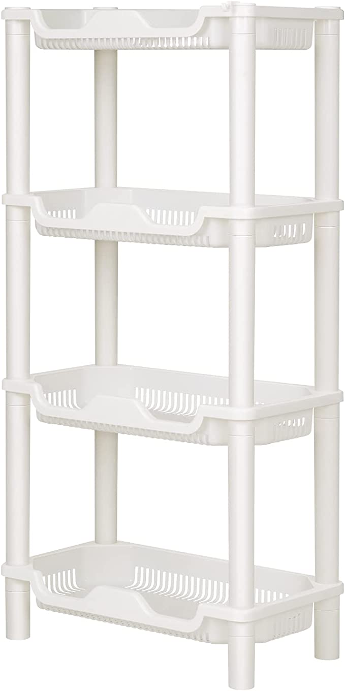 ELYKEN 4 Tier Shower Caddy Organizer Shelf Standing, 15.8 x 8.1 x 31.5 Inches, Rustproof, Plastic Floor Storage Rack for Bathroom, Countertop, Shower pan, Narrow Place, White