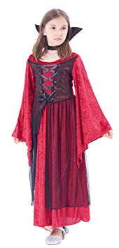 Girls Vampire Costume Outfit, Gothic Princess Robe/Victorian Queen Fancy Dress Up, Bloodsucker Velour Gown for Halloween Party
