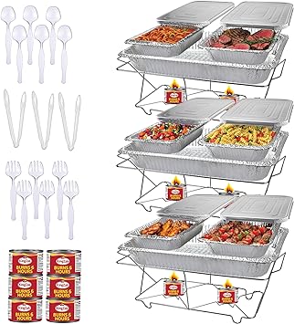 Full Size 39-Pcs Disposable Chafing Buffet Set with 6hr Fuel Cans, Covers, Serving Utensils - Premium Chafing Dish Set for Catering, Events, and Parties - Complete Food Warmer Party Serving Kit