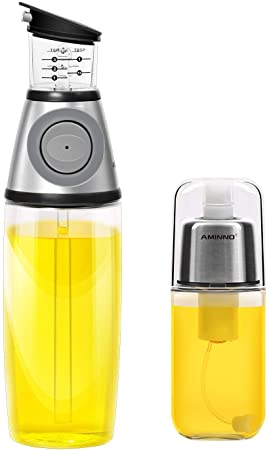 AMINNO Oil Sprayer and Oil Dispenser Press Measure - Pump Style Mister for Cooking Glass Oil Spray Bottle set of 2, Save Oil Healthy,Drip Free Oil Pourer