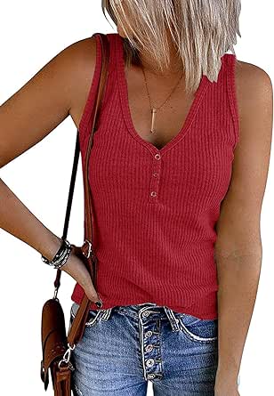 MEROKEETY Women's V Neck Tank Tops Summer Sleeveless Ribbed Button Casual Henley Shirts