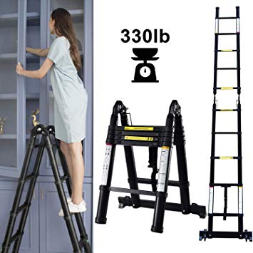 Telescoping Extension Ladder,A-Frame Multi-Purpose Folding Portable Ladder with Hinges and Support Bar Engineering Stairs,330lb Load Capacity for Home Loft Office(Black)