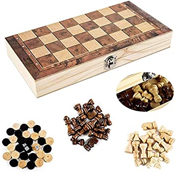 3 in 1 Folding Wooden Chess Set Board Game Checkers Backgammon Draughts Gift
