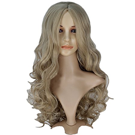 Angelaicos Women Long Wavy Curly Dark Blonde Halloween Cosplay Show Costume Party Synthetic Hair Full Wigs