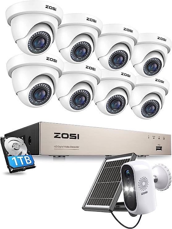 ZOSI 8CH 1080P Security Camera System with 1TB HDD,H.265  8 Channel 5MP Lite HD-TVI DVR Recorder and 8pcs 1920TVL Weatherproof Dome Cameras&C1 Wireless Outdoor Security Camera with Solar Panel