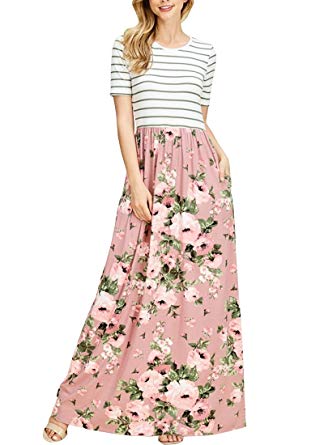 MEROKEETY Women's Striped Short Sleeve Floral Print Summer High Waist Pockets Maxi Dress