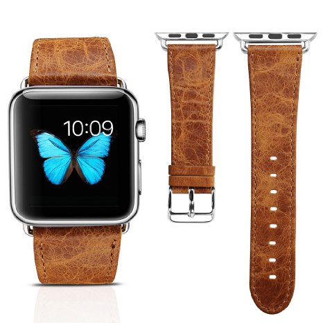 Apple Watch Leather Band, Icarercase Vintage Series Genuine Leather Watchband Strap Replacement iWatch Wristband Link Bracelet with Secure Metal Clasp Buckle for Apple Watch (Orange for 42mm)