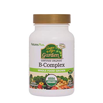Natures Plus Source of Life Garden B Complex - 60 Vegan Capsules - Complete Vitamin B Supplement, Energy Booster - Vegetarian, USDA Certified Organic, Gluten Free - 30 Servings