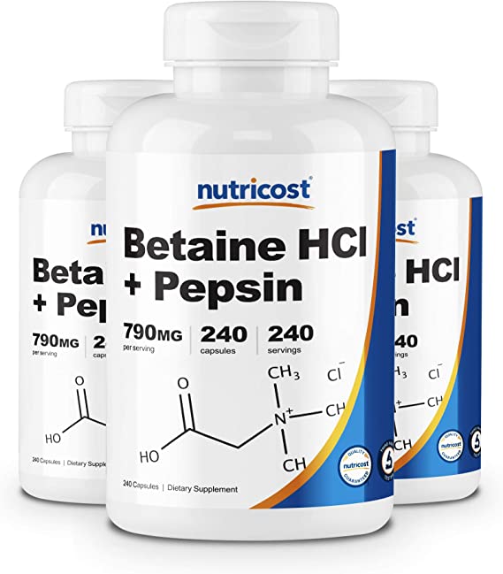 Nutricost Betaine HCl   Pepsin 790mg, 240 Capsules, 3 Bottles (720 Capsules), Gluten Free & Non-GMO