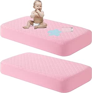 NTBAY 2 Pack Waterproof Mini Crib Mattress Protector, Quilted 24"x38" Fitted Mattress Cover - Machine Washable - Soft and Breathable Baby Mattress Pad Sheet for Mini Crib and Baby Playards, Pink