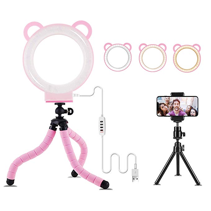 Selfie Ring Light: 6inch Led Ring Light Kit with Tripod & Phone Holder,Lusweimi Mini Tabletop Light for Live Stream/Makeup/YouTube Video, 3 Light Modes & 11 Level (Pink)