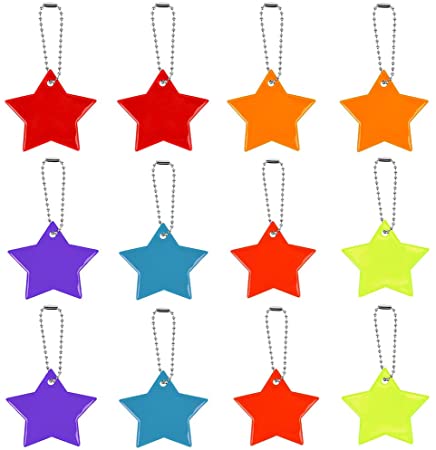 NA 12Pcs PVC Reflective Star Keychain Pendant Night Logo Cycling Reflector Reflective Pendant For Clothing, Backpacks, Luggage, Strollers, Wheelchairs,Cycling,Walking, Running