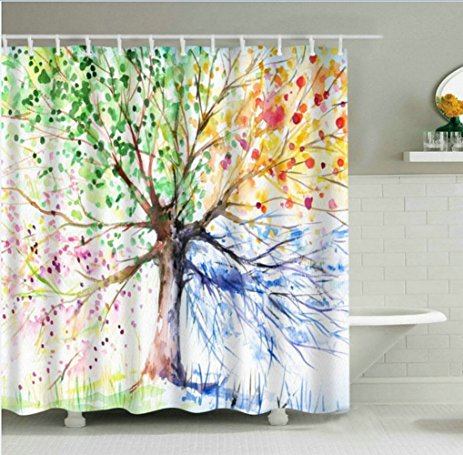 Colorful Tree Shower Curtain ,YIGER Four Seasons Bathroom Mildew Resistant Waterproof Fabric Digital Printing Polyester with Adjustable Hook 70.86×70.86 Inch