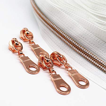 YaHoGa #5 Rose Gold Metallic Nylon Coil Zippers By The Yard Bulk 10 Yards White Tape With 25pcs Sliders for DIY Sewing Tailor Craft Bag (White)