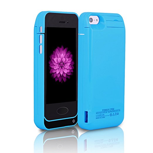 BSWHW Battery Charger Rechargeable Power Case Battery with Built-in Kickstand For External Power Bank Case Backup Protection Case ,Battery Charge Cover 4200mAh for iPhone 5/5s/5c -blue