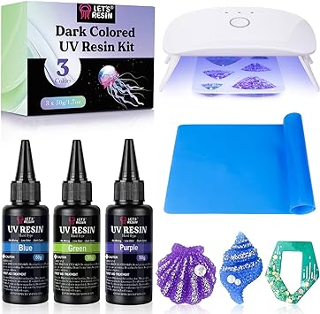 LET'S RESIN UV Resin with Light, 3 Colors(Blue, Green, Purple) Colored UV Resin Kit with Light&Large Silicone Mat, 150g Clear Hard UV Epoxy Resin Supplies for Beginner, Jewelry Making,Bonding