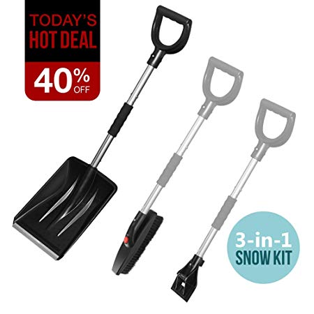 multifun Snow Brush Kit, 3-in-1 Snow Shovel with Ice Scraper and Snow Brush, 3 Piece Collapsible Design Portable Emergency Snow Shovel Set for Car Truck Camping and Other Outdoor Activities