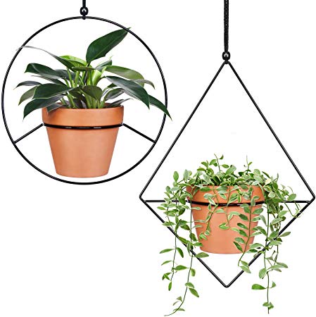 Mkono 2 Pcs Plant Hanger - A Diamond & A Circle Shape, Metal Hanging Planter Modern Home Decor, Fits Large 6 Inch Planter, Black (Flower Pot NOT Included)