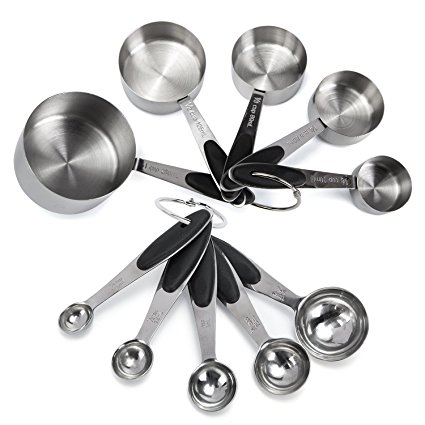 Premium Stainless Steel Measuring Cups and Spoons Set By Koppu - 10 Piece Stackable / Collapsible Measuring Kit - Engraved Measurement Handles - Suitable For Dry & Liquid Ingredients - 100% Non Toxic
