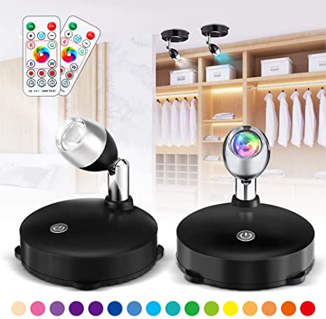 LED Cabinet Lighting, SOLMORE RGB Cupboard Lighting Night Lights with Rotating, Under Cabinet Light with 4 Light Modes 16 Colors and Remote Control, for Kitchen Hallway Artwork Closet, 2 pack