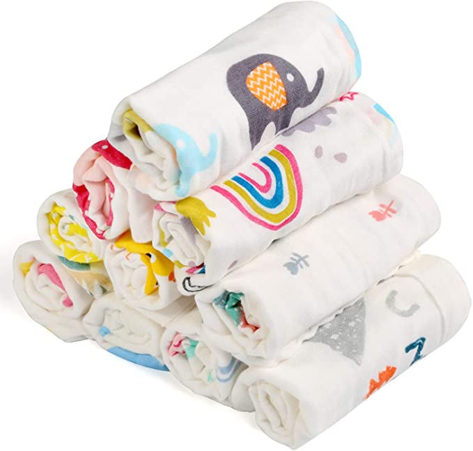 NEWSTYLE 10Pcs Muslin Washcloths Cotton Natural Baby Towels with Printed Design Soft Newborn Baby Face Towel for Sensitive Skin Baby 30 x 30cm