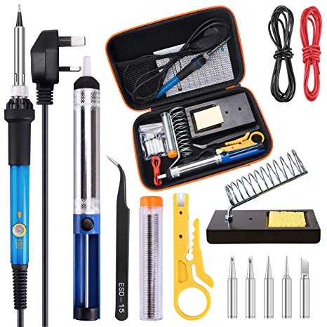 Soldering Iron Kit, TABIGER 15PCS 60W Temperature Control Solder Iron Gun, 5pcs Tips, Solder, Desoldering Pump, Tweezers, Wire Stripper Cutter, Stand with Cleaning Sponge and Carry Bag