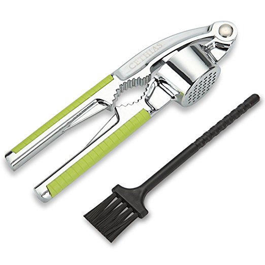 CETHIAS Garlic Press Nut Cracker with BONUS Cleaning Brush - Stainless Steel Crusher - Easy Cleaning - Mince and Crush Garlic and Ginger Easily (Green)