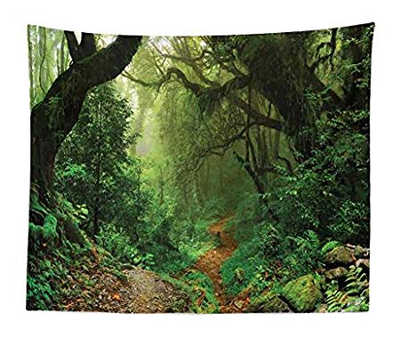 Ambesonne Rainforest Tapestry King Size, Forest in Nepal Touristic Trekking Branches Misty Road Fresh Air Outdoors Theme, Wall Hanging Bedspread Bed Cover Wall Decor, 104" X 88", Green Brown