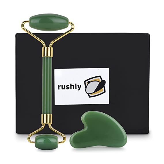 Rushly Jade Roller & Gua Sha Stone - 100% Natural Jade Stone Face Roller to Reduce Puffiness, Improve Blood Circulation & Tone Muscles for Men & Women (Guasha & Gaderoller)