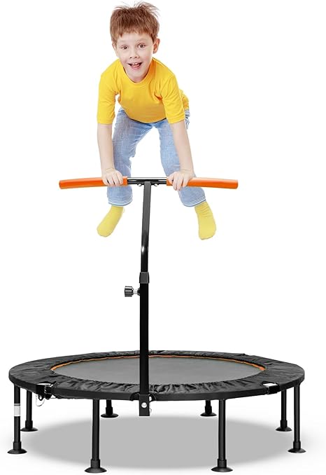 COSTWAY 45" Mini Trampoline, Foldable Fitness Bouncer with Height Adjustable Handrail and Safety Pad, Indoor Aerobic Workout Rebounder for Kids Adults