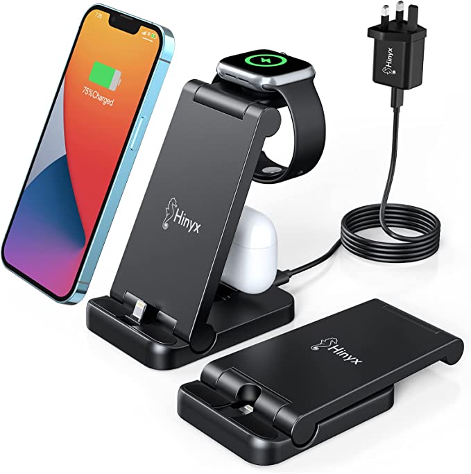 Hinyx 3 in 1 Fast Charging Station for Apple Devices, Foldable Charging Stand Compatible with Apple Watch Series 8 7 6 SE 5 4 3 2 & Airpods iPhone 14 13 12 11 Pro X Max XS XR 8, with QC3.0 Adapter