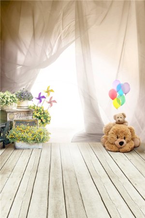 Mohoo Silk 3x5ft Bear Ballon Children Wooden Floor Photography Backdrops Photo Props Studio Background (Updated Material)