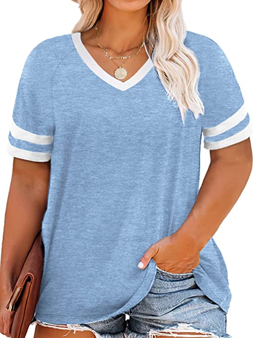 VOGRACE Womens Plus-Size Tops Striped V Neck T Shirts Short Sleeve Summer Tunics