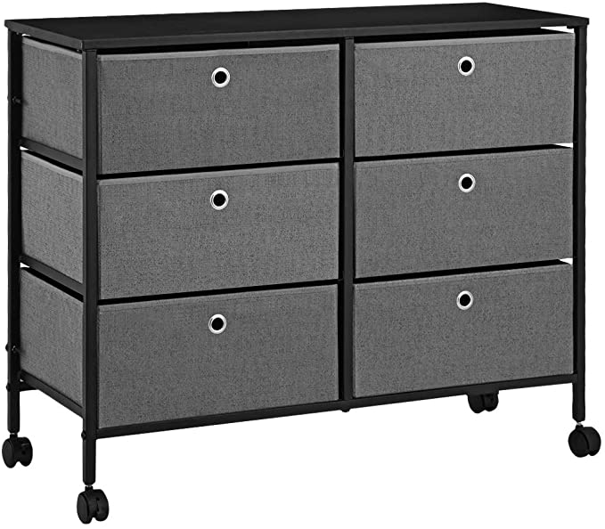 KINGSO 6 Drawer Dressers for Bedroom, Fabric Dresser Tower with Sturdy Steel Frame, Easy-Pull Faux Linen Drawers and Wood Tabletop for Bedroom, Hallway, Nursery, Entryway, Closets- Black