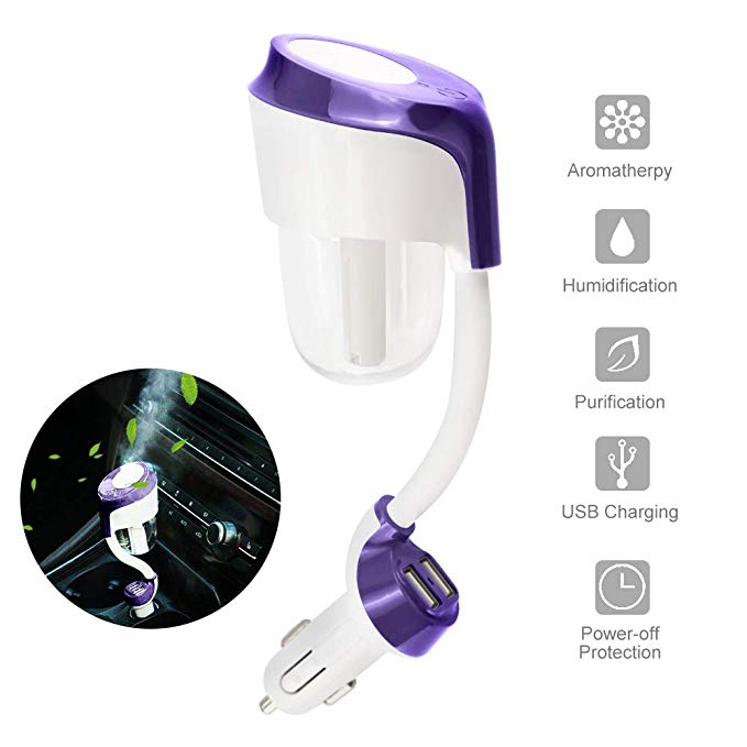 GenLed Car Humidifier, Car Diffuser, Cool Mist Car Air Purifier with 2 USB Charger, 12V Mini Car Aromatherapy Diffuser, Portable Car Essential Oil Diffuser, Car Diffuser Filters Gift (Purple)