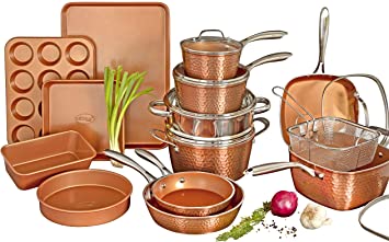 Gotham Steel Hammered Copper Collection – 20 Piece Premium Cookware & Bakeware Set with Nonstick Copper Coating, Includes Skillets, Stock Pots, Deep Square Fry Basket, Cookie Sheet and Baking Pans