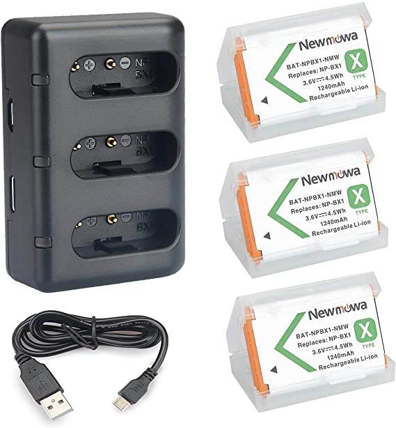 NP-BX1 Newmowa Battery (3-Pack) and 3-Channel USB Charger set for Sony NP-BX1/M8 and Sony DSC-HX50V,DSC-HX300,DSC-HX400,DSC-RX1,DSC-RX1R,DSC-RX100,DSC-RX100 II, DSC-RX100M II,DSC-WX300,HDR-AS10,HDR-AS15,HDR-AS30V,HDR-AS50R,HDR-AS100V,HDR-AS100VR,HDR-AS300R,HDR-CX240,HDR-MV1,HDR-PJ275,FDR-X3000,FDR-X3000R,RX100 VI,DSC-RX100M6