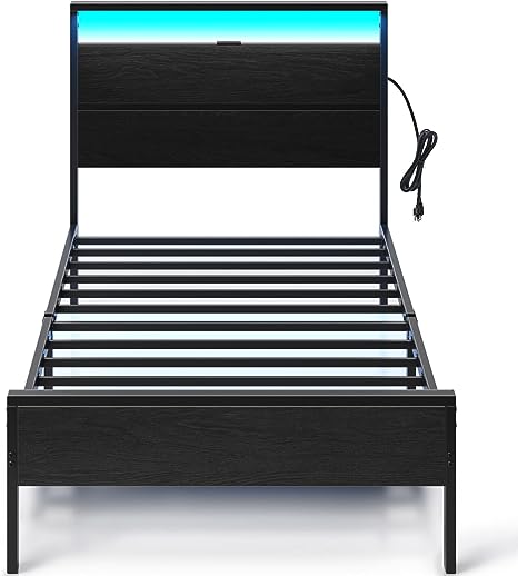 Rolanstar Bed Frame with USB Charging Station, Twin Bed Frame with LED Lights Headboard, Platform Bed with Strong Metal Slats, Under Bed Storage Clearance, No Box Spring Needed, Noise Free