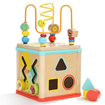 Wooden Activity Cube- Baby Educational Toy with Bead Maze Shape Sorter Garden centre for 1-Year Old Boy and Girl Toddlers Gift -Small Size