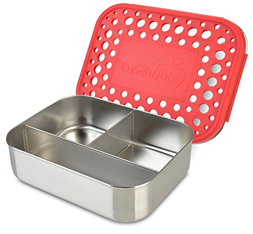 LunchBots Trio Stainless Steel Food Container - Three Section Design Perfect for Healthy Snacks, Sides, or Finger Foods On the Go - Eco-Friendly, Dishwasher Safe and BPA-Free - Red Dots
