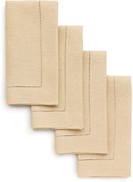 Solino Home 100% Pure Linen Hemstitch Dinner Napkins - 20 x 20 Inch, Beige Set of 4, European Flax, Natural Fabric Machine Washable Classic Hemstitch - Handcrafted with Mitered Corners
