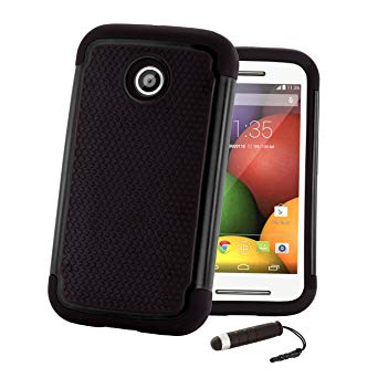 Motorola Moto E 2nd Gen (2015) Shockproof Heavy Duty Protective Dual Layer Defender Case Cover by 32nd, Including Screen Protector, Cleaning Cloth and Touch Screen Stylus Pen - Black