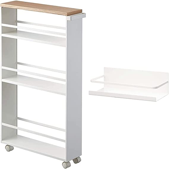YAMAZAKI home Tower Rolling Slim Storage Cart with Handle White & 2410 Plate Magnetic Spice Rack, White