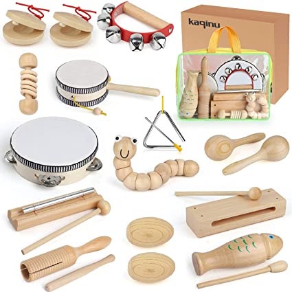 KAQINU Kids Musical Instruments, 21Packs Toddlers 100% Natural Wooden Music Percussion Toy Sets for Childrens Preschool Educational Early Learning, Musical Toys for Age1-3 Toddlers with Bags
