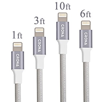 CRONA 4Pack Lightning Cable (1ft,3ft,6ft,10ft) Perfect Lengths Combination Durable and Fast Charging Cable for iPhone 7/7 /6/6 /6s/6s /5/5s/5c/SE, iPad and More (Space Gray)