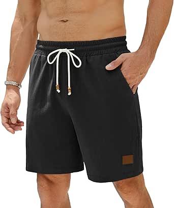 Men’s Linen Short Elastic Waist Drawstring Casual Summer Beach Shorts Golf Shorts with Pockets